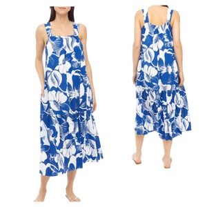 Wonderly Blue White Bold Floral Rayon Linen Tiered Midi Dress Petite XL NWT